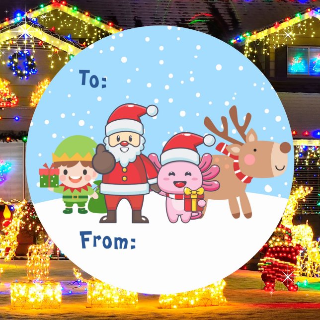 Cute Santa Elf Reindeer Axolotl Christmas Gift Classic Round Sticker (Customize with a names in the to/from spaces. Recommend 3" / Matte for handwritten names. )