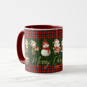 Cute Santa Elves Merry Christmas Green Red Plaids Mug