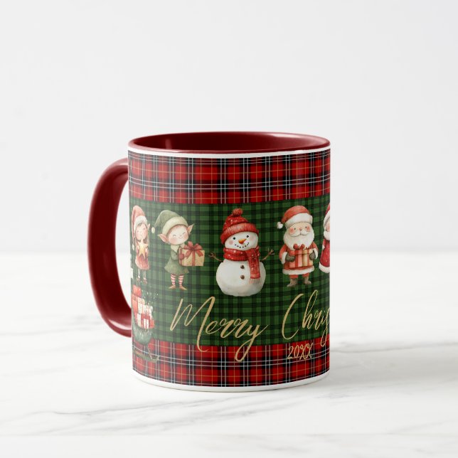 Cute Santa Elves Merry Christmas Green Red Plaids  Mug (Front Left)