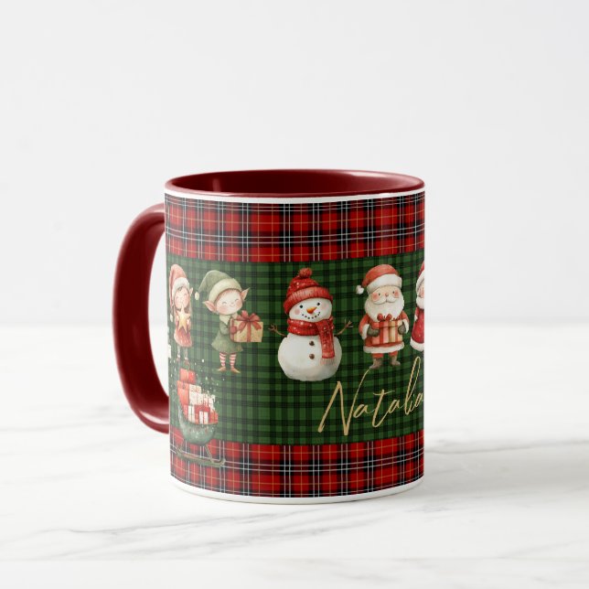 Cute Santa Elves Merry Christmas Green Red Plaids  Mug (Front Left)