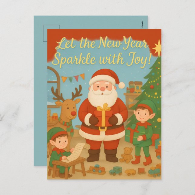 Cute Santa & Elves New Year Holiday Card (Front/Back)
