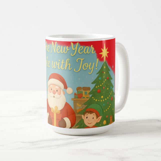 Cute Santa & Elves New Year Holiday Card Coffee Mug (Front Right)