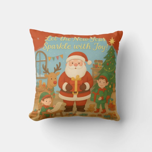 Cute Santa & Elves New Year Holiday Card Cushion (Front)