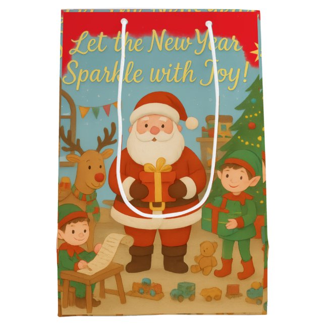 Cute Santa & Elves New Year Holiday Card Medium Gift Bag (Back)