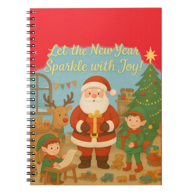 Cute Santa & Elves New Year Holiday Card Notebook (Front)