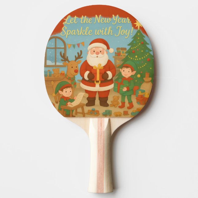 Cute Santa & Elves New Year Holiday Card Ping Pong Paddle (Front)