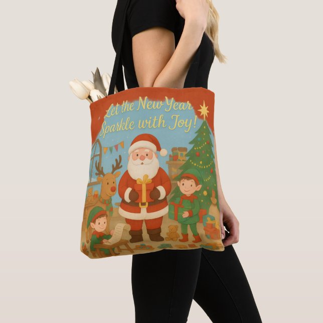 Cute Santa & Elves New Year Holiday Card Tote Bag (Close Up)