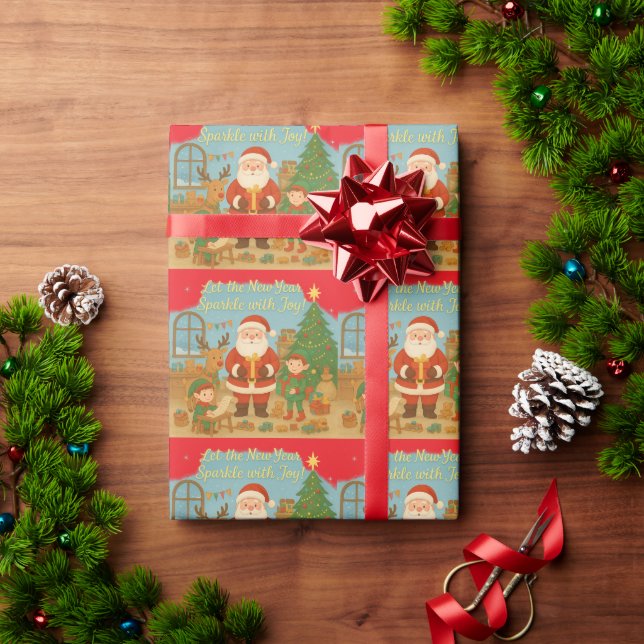 Cute Santa & Elves New Year Holiday Card Wrapping Paper (Holiday Gift)