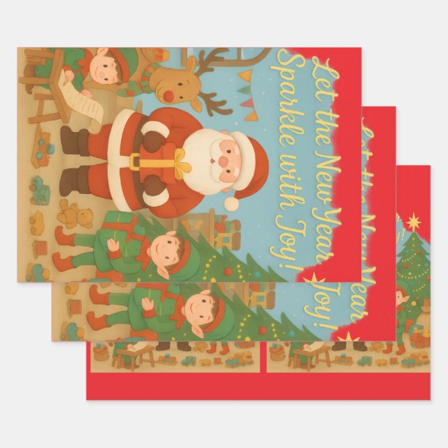 Cute Santa & Elves New Year Holiday Card Wrapping Paper Sheet (Set)