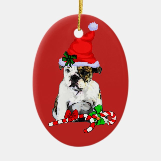 Cute Santa English Bulldog Christmas Ceramic Tree Decoration (Front)