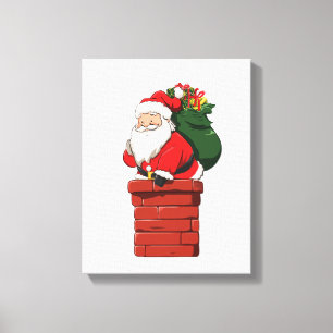 Cute Santa Entering Chimney with Gift Bag Canvas Print