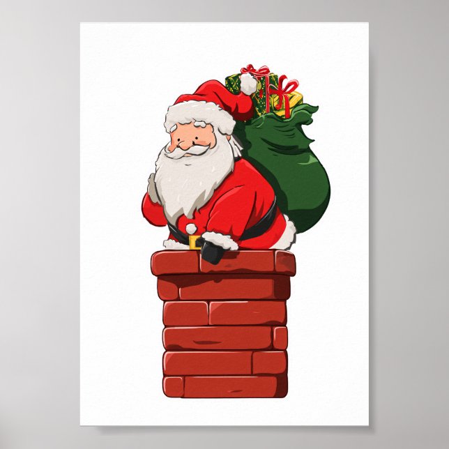 Cute Santa Entering Chimney with Gift Bag Poster (Front)