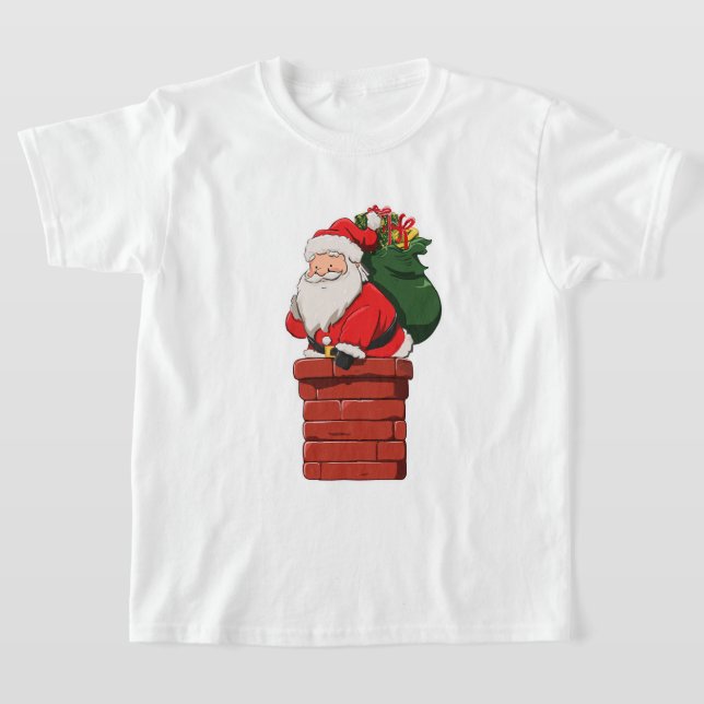 Cute Santa Entering Chimney with Gift Bag T-Shirt (Laydown)