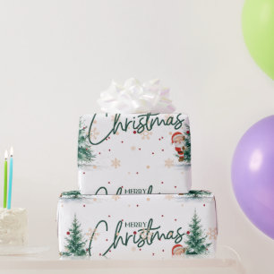 Cute Santa, Evergreen Tree & Snowflakes Wrapping Paper