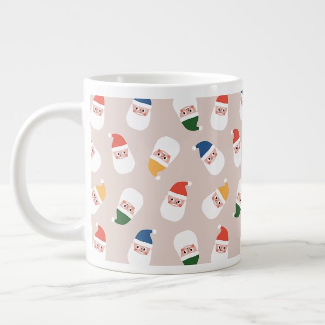 Cute Santa Faces Christmas Pattern Large Coffee Mug (Left)