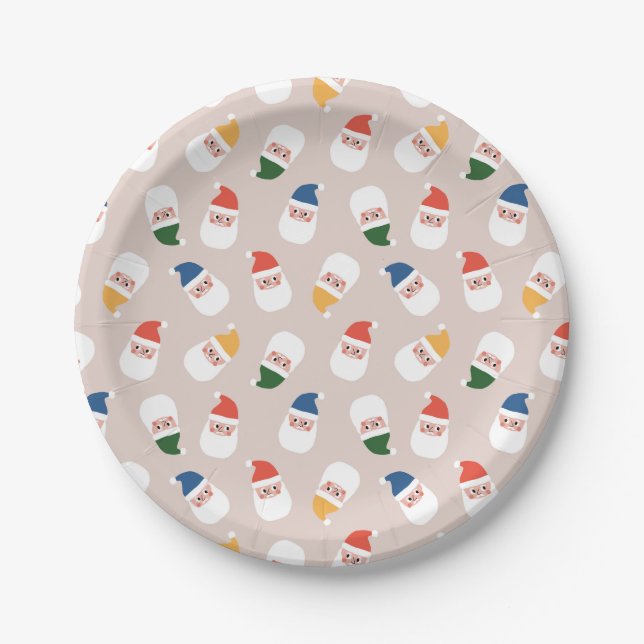Cute Santa Faces Christmas Pattern Paper Plate (Front)