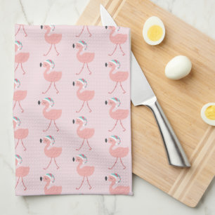 Cute Santa Flamingo Pattern - Pink Christmas Tea Towel