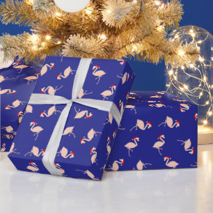 Cute Santa Flamingos Pattern Dark Blue Christmas Wrapping Paper