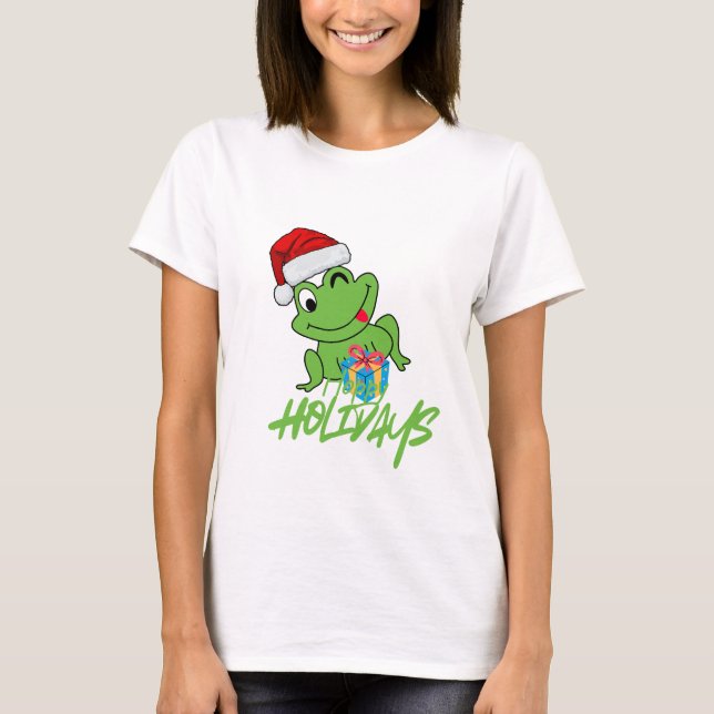 Cute Santa Frog | Funny “Hoppy Holidays” Christmas T-Shirt (Front)