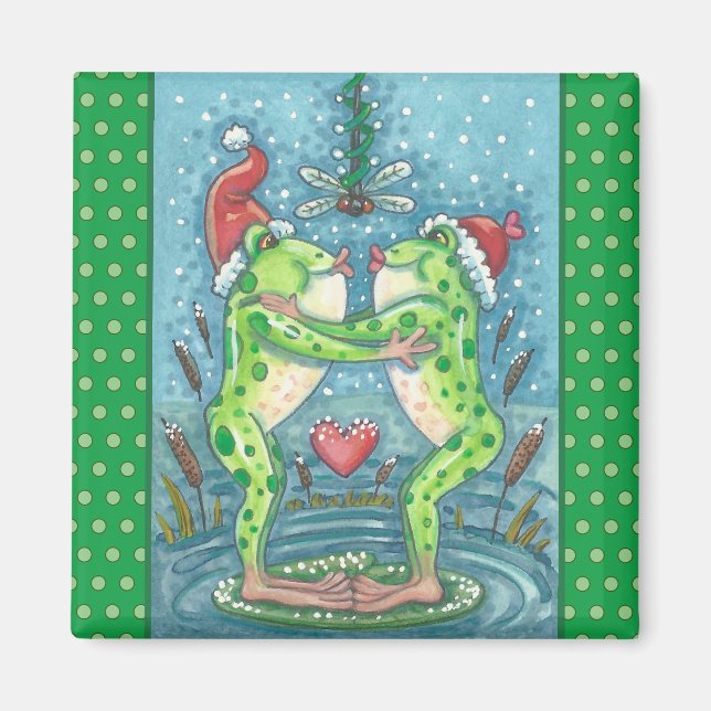 CUTE SANTA FROGS KISSING UNDER DRAGONFLY MISTLETOE MAGNET (Front)