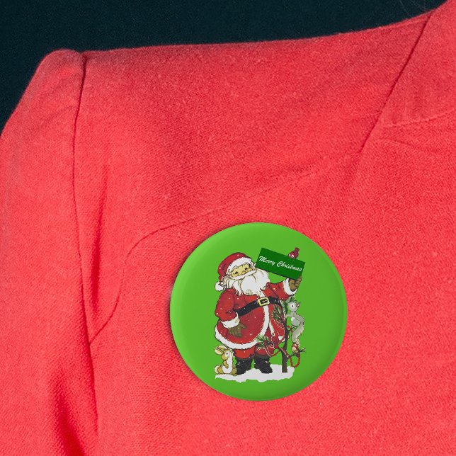 Cute Santa Furry Animals Merry Christmas 6 Cm Round Badge (Santa Claus little animals in snow decorated tree Merry Christmas sign on green pin back button.)