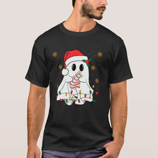 Cute Santa Ghost Christmas Cake Xmas Tree Lights P T-Shirt (Front)