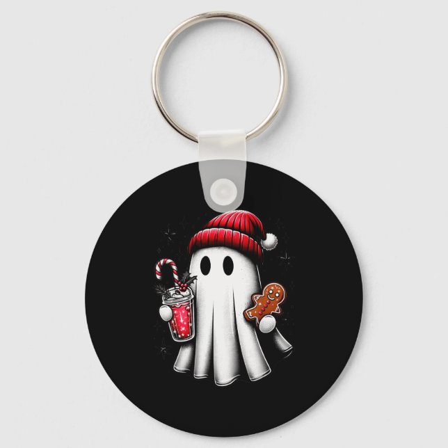 Cute Santa Ghost Drinking Coffee Ice Coffee Christ Key Ring (Front)