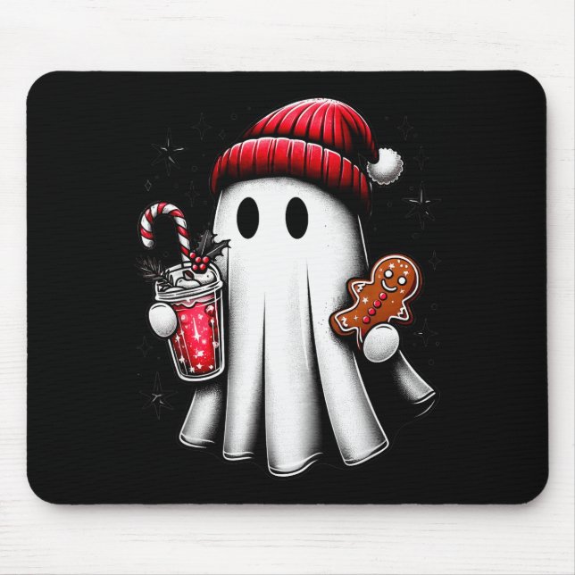 Cute Santa Ghost Drinking Coffee Ice Coffee Christ Mouse Mat (Front)