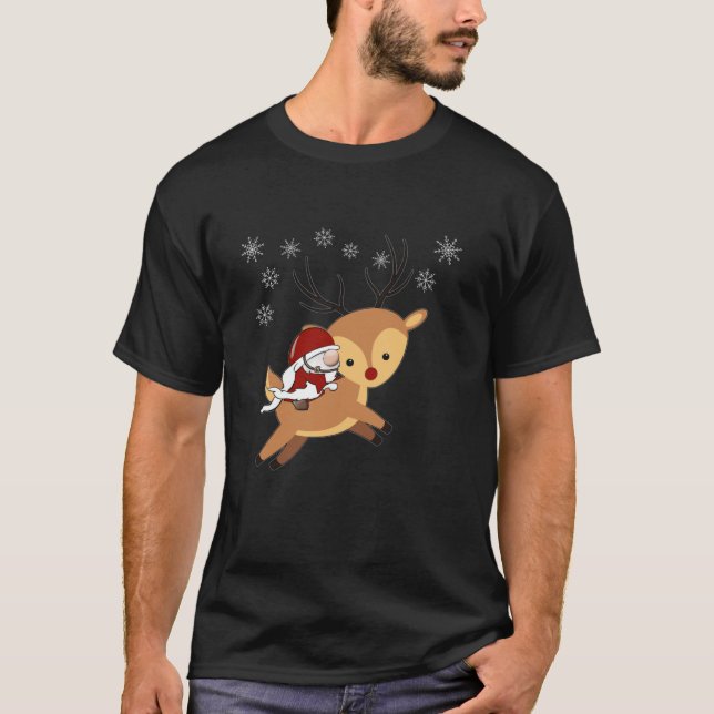 Cute Santa Gnome Riding Reindeer Christmas Gnome  T-Shirt (Front)