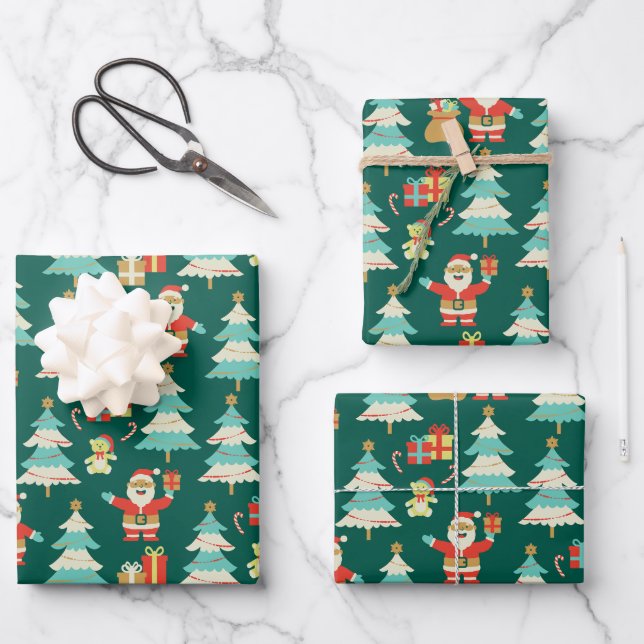 Cute Santa green Christmas colourful scene  Wrapping Paper Sheet (Front)