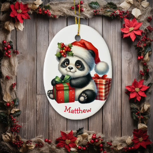 Cute Santa Hat Baby Panda Bear Christmas Ceramic Tree Decoration