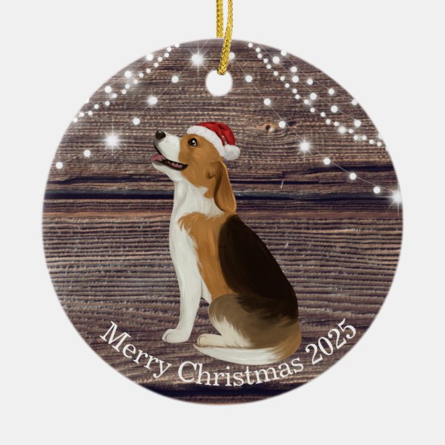 Cute Santa Hat Beagle Christmas Ceramic Tree Decoration (Front)