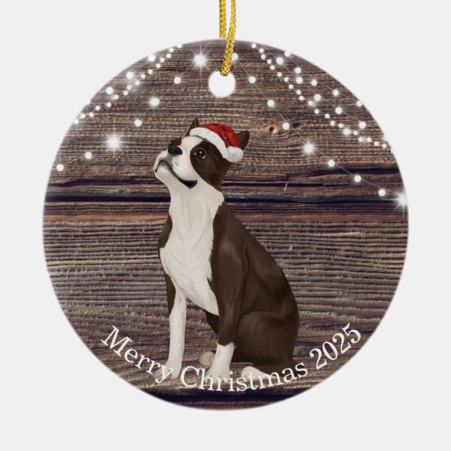 Cute Santa Hat Boston Terrier Christmas   Ceramic Tree Decoration (Front)