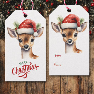 Cute Santa Hat Deer Fawn Christmas Gift Tags