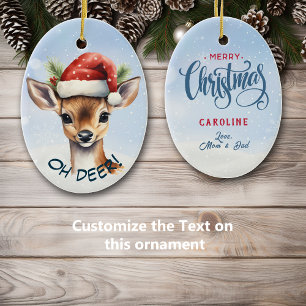 Cute Santa Hat Deer Fawn Kids Ceramic Tree Decoration