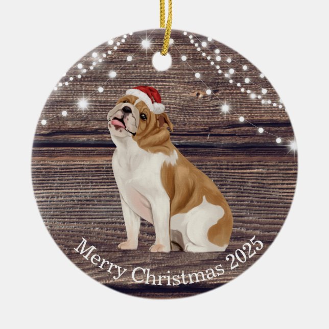 Cute Santa Hat English Bulldog Christmas  Ceramic Tree Decoration (Front)
