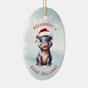 Cute Santa Hat Hippopotamus First Christmas Snowy Ceramic Tree Decoration