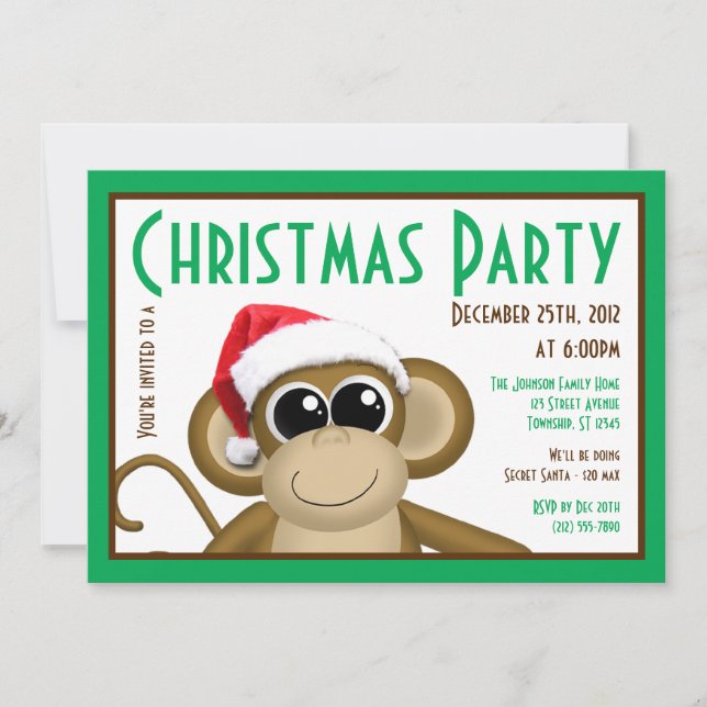 Cute Santa Hat Monkey - Green Christmas Invitation (Front)