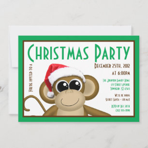 Cute Santa Hat Monkey - Green Christmas Invitation