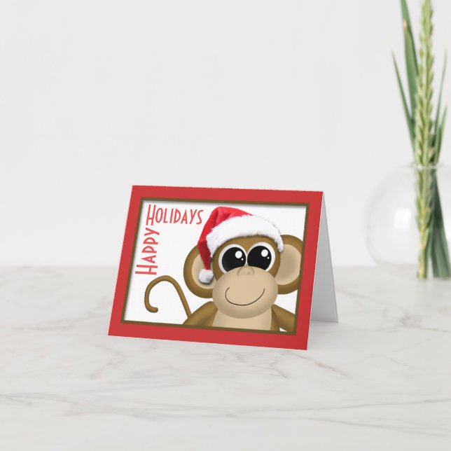 Cute Santa Hat Monkey "Happy Holidays" Card (Front)