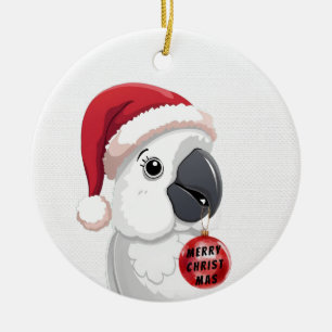Cute Santa Hat Parrot  Red & White Christmas Ceramic Tree Decoration