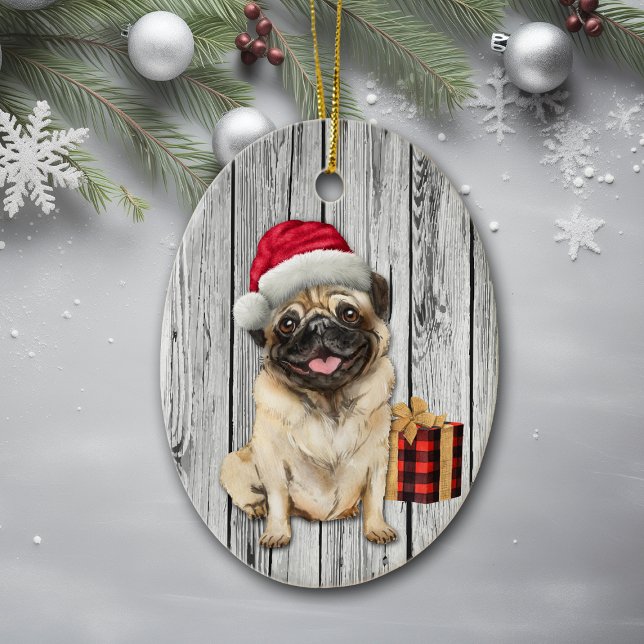 Cute Santa Hat Pug Dog on Wood Background Ceramic Tree Decoration (Creator Uploaded)