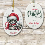Cute Santa Hat Racoon Christmas Ceramic Tree Decoration<br><div class="desc">On the front of this cute kids' Christmas ornament is an adorable baby racoon holding a candy cane. He wears a red and white Santa hat and scarf. A few silver snowflakes are scattered about, and your custom name is at the bottom. The back of the ornament has a Merry...</div>