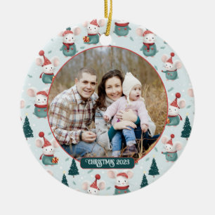 Cute Santa Hat White Mice Christmas Photo Ceramic Tree Decoration