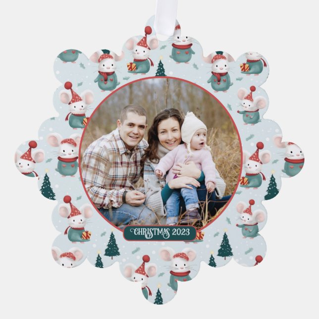 Cute Santa Hat White Mice Christmas Photo Tree Decoration Card (Front)