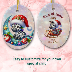 Cute Santa Hat Zebra Moon and Sleigh Kids Ceramic Tree Decoration