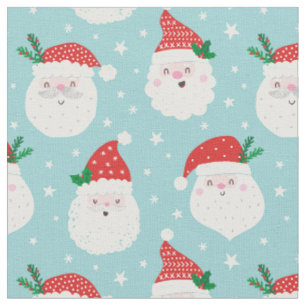 Cute Santa Heads on light blue Fabric