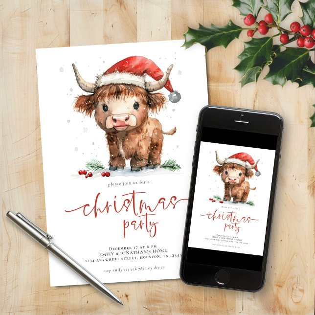 Cute Santa Highland Cow Christmas Party Invitation (Creator Uploaded)