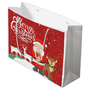 Cute Santa in the snow with reindeers Script red Large Gift Bag