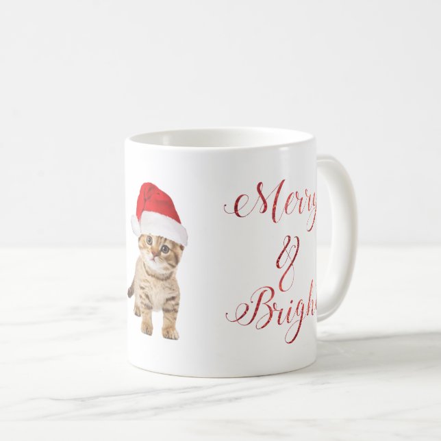 Cute Santa Kitten Cat Merry & Bright Coffee Mug (Front Right)